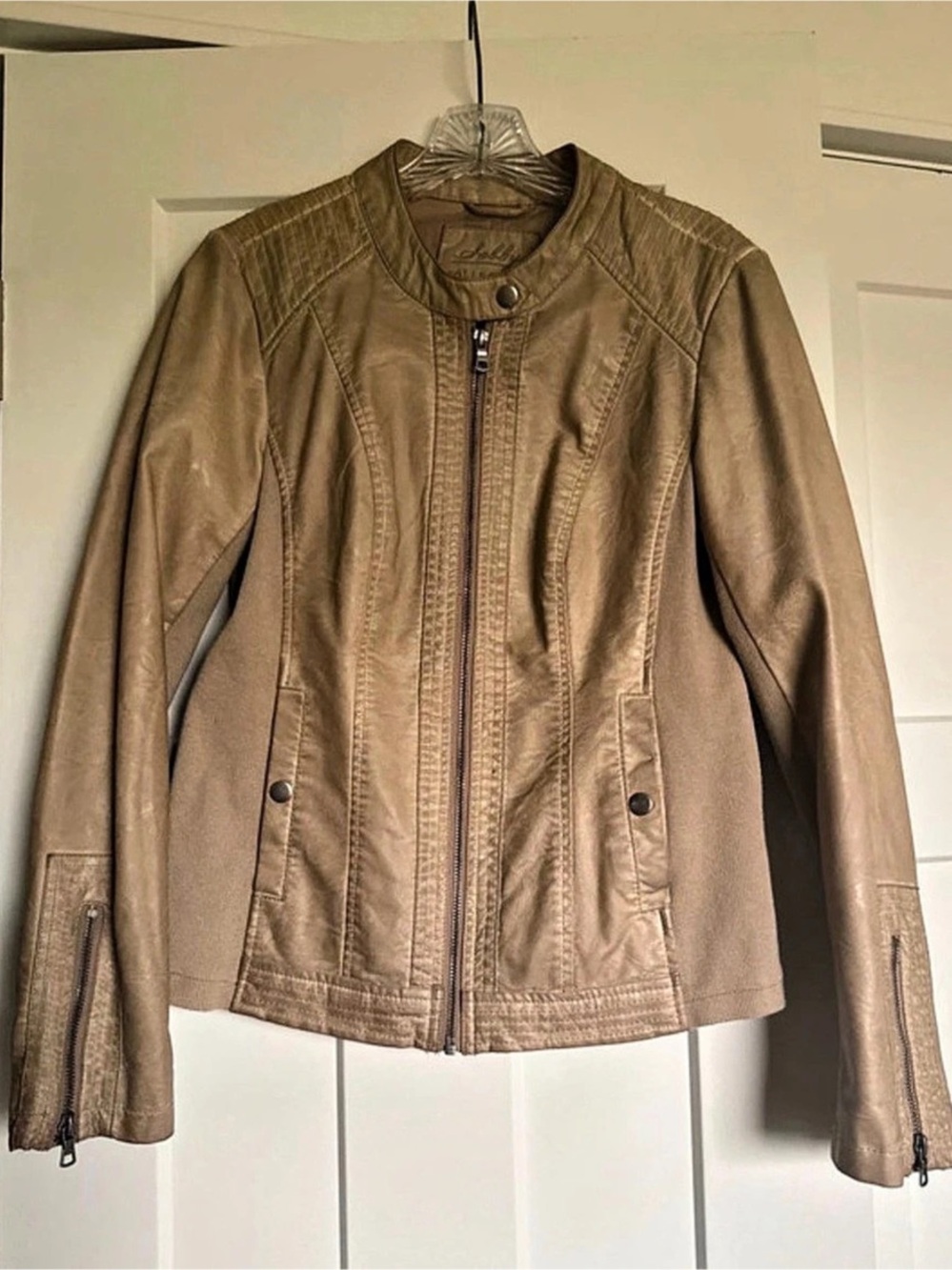 Sebby Collection Faux Leather Moto Jacket in Tan
